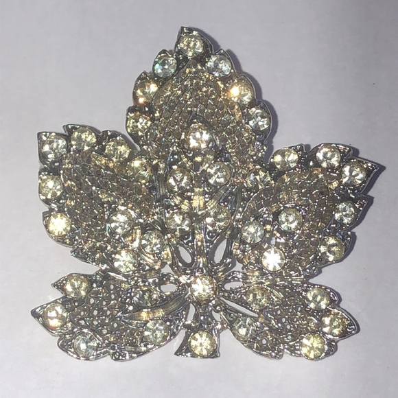 Vintage Jewelry - Angel Brand Vintage Silver Tone Sparkling Leaf Brooch